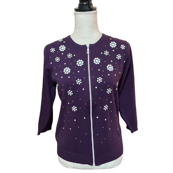 Womens Zip Up Cardigan 90s Clueless Daisy Flowers Sz Small Purple - Picture 6 of 6